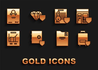 Kalkanlı, alışveriş binalı, seyahat sigortalı, kişisel klasörlü, grafik çizelgeli, anahtarlı, sertifika şablonlu ve elmas ikonlu bir kasa ayarla. Vektör