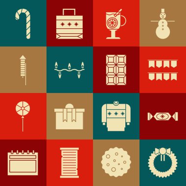 Noel çelengi, Candy, bayraklı karnaval çelengi, bir bardak sıcak şarap, ışıklar, havai fişek roketi, baston şeker ve çikolata ikonu. Vektör