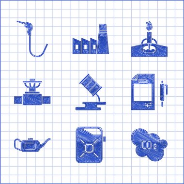 Fıçı yağ sızıntısını, motor tüpünü, karbondioksit emisyonunu, kontrat parasını ve kalemi, endüstriyel boru vanasını, petrol platformunu ve benzin pompası ikonunu ayarlayın. Vektör