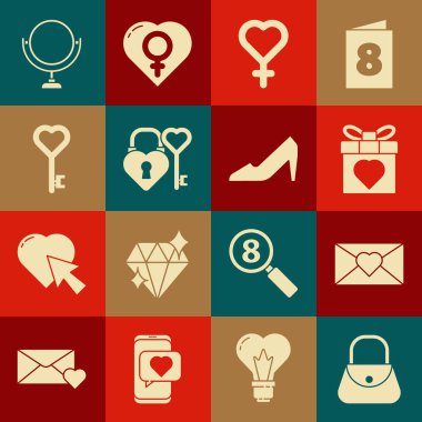 El Çantası, Zarfı 8 Mart, hediye kutusu kalbi, kadın cinsiyet sembolü, Kale anahtarı, anahtar, yuvarlak makyaj aynası ve kadın ayakkabı ikonu. Vektör