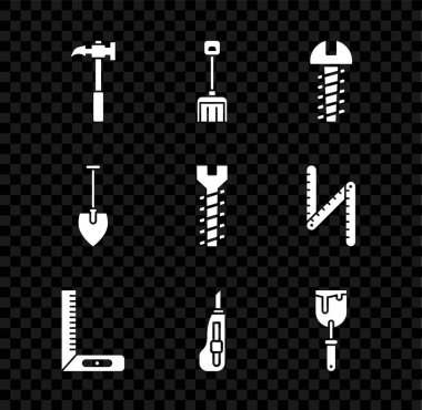 Pençe çekici, kar küreği, metal vida, köşe cetvel, kırtasiye bıçağı, macun, kürek ve ikon. Vektör
