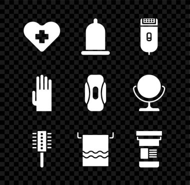 Haçlı kalp, prezervatif, elektrikli saç makası, tıraş makinesi, saç fırçası, havlu askısı, ilaç şişesi, lastik eldiven ve hijyenik peçete ikonu. Vektör