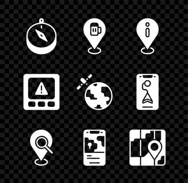 Pusula, Alkol veya Bira Çubuğu konumu, Bilgi içeren konum, Arama, Şehir Haritası navigasyonu, GPS aygıtı hatası ve gezegen simgesinin yörüngesindeki uyduları ayarla. Vektör