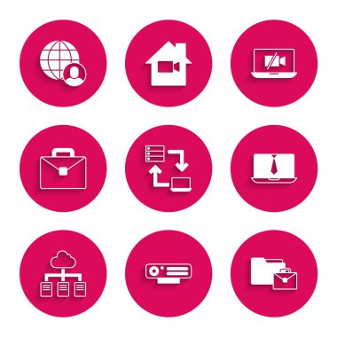 Çevrimiçi çalışma, Web kamerası, Video sohbet konferansı, evrak çantası, off laptop ve Freelancer simgesi. Vektör