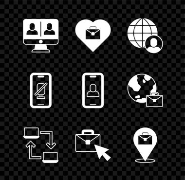 Video sohbet konferansını ayarla, metin çalışmalı kalp, Freelancer, çevrim içi çalışma, sessiz mikrofon cep telefonu ve simge. Vektör