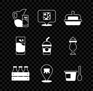 Süt sürahisi ya da sürahi ve cam, tereyağında peynir, tereyağında tereyağı, şişe süt ahşap kutusu, Udder, kaşık dolu yoğurt kabı, bardak ve milkshake ikonu. Vektör