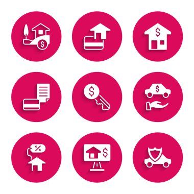 Kiralık anahtar, online gayrimenkul rozetli araba, kiralık ev perkantı, kredi kartı, dolar ve ikon. Vektör