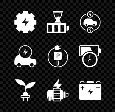 Dişliler, şimşekler, akü şarjı, elektrikli araba, tapa yaprağı, motor, araba aküsü ve elektrik yükleme ikonu. Vektör