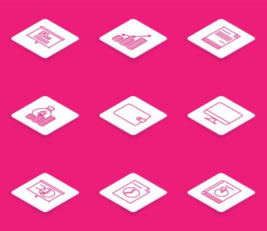 Satır Tahtasını özgeçmişi, pasta grafiği bilgisi ve parası ile ayarla, Belge, Para çantası, Cüzdan, Bilgisayar monitörü ekranı ve simge. Vektör