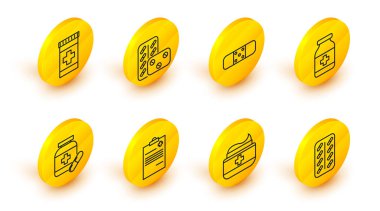 Poşetteki çizgi hapları, merhem krem tüpü ilacını, klinik kaydı olan tıbbi panoyu ilaç şişesini, hapları, bandajı ve ikonu hazırla. Vektör