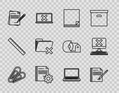 Satır Kağıt Ataç, Boş Defter ve Kalem, Dosya Belgesi, Vites, Silgi, Dizin, Dizüstü bilgisayar ve Bilgisayar Klavye X simgesi simgesi içeren Belge ayarlarını ayarla. Vektör