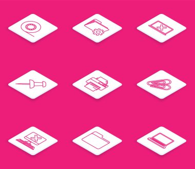 Çizgi Scotch, Dizin ayarları ekranda dizin, dizüstü bilgisayar ve çapraz işaretli, pin, yazıcı, ataç, Bilgisayar klavyesi x ve Belge dizin simgesini ayarla. Vektör