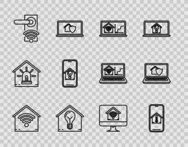 Akıllı Hattı Wi-Fi, Mobil telefon ev sıcaklığı, Laptop akıllı, ve ampul, kablosuz kilit açma teknolojisi, bilgisayar monitörü ve koruma simgesi altında ayarla. Vektör