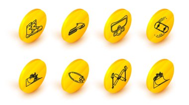 Rampada bisiklet, kayak ve sopalar, sörf tahtası, kaykay numarası, dalış maskesi, kar arabası ve bot ikonu. Vektör