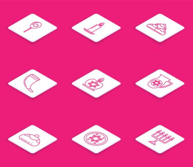 Çizgili Balonlar ve kurdele, David 'in yıldızı, şamdanda yanan mum, Yahudi pastanesi, geleneksel koç boynuzu, Shofar, Dekanter ve sikke ikonu. Vektör