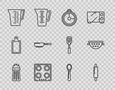 Tuz, merdane, mutfak zamanlayıcısı, gaz ocağı, ölçü kabı, kızartma tavası, kaşık ve süzgeç ikonu. Vektör