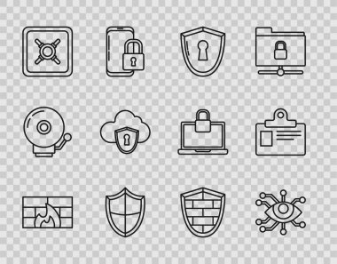 Güvenlik duvarı, güvenlik duvarı, göz taraması anahtar deliği, kasa, bulut ve kalkan, siber tuğla ve kimlik kartı ikonu olan bir kalkan ayarla. Vektör