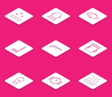 Hat soğuk ve dalgalar, şamandıra, şnorkel, balıkçı zıpkını, dalgıç için büyük el feneri, kaldırma çantası ve dalış ikonu. Vektör