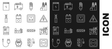 Elektrik prizi, dizel güç jeneratörü, yüksek voltaj işareti, LED ampul, araba aküsü, kablo, elektrik bankası ve ikonu ayarla. Vektör