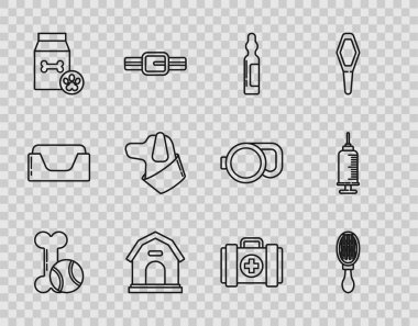 Pet oyuncakları kemik kauçuk ve top, köpek kedi için saç fırçası, evcil hayvan barınağı, evcil hayvan, yiyecek çantası, ilk yardım çantası ve aşı ikonu olan şırınga. Vektör