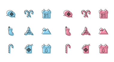 Çizgili Noel şekeri kamışları, fiyat etiketi satışı, kar tanesi konuşma balonu, takvim, dal viburnum veya guelder gülü, dağlar, çorap ve ikon. Vektör