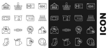 Satır Oluştur Hesap Ekranı, İndirim Torbası, Etek, Hediye Kutusu, Karton Karton Para, Yığınla Kağıt Para, Asma Tabela Satışı ve Kredi simgesi. Vektör