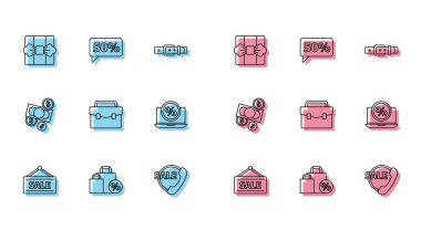 Hat asma tabelasını Satış, Shoping çanta indirimi, hediye kutusu, telefon 24 saat desteği, evrak çantası, yüzde yüz ve dizüstü bilgisayar, para nakit para ve yüzde elli etiket ikonu ile ayarla. Vektör