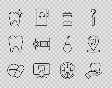 İlaç hapı ya da tablet, diş ipi, ağız gargargarası plastik şişe, dişçi kliniği konumu, beyazlatma konsepti, takma dişler, koruma ve ikon. Vektör