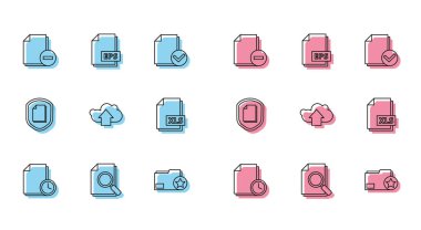 Satır Belgesini saat, arama, eksi, dizin yıldızı, Cloud upload, XLS dosya belgesi, koruma konsepti ve EPS simgesi ile ayarla. Vektör