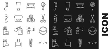 Bıyık, Makas Kuaför, Kuaför, Krem Losyon Kozmetik Kavanozu, Klasik Direk, Saç Fırçası ve Havlu rulo ikonu. Vektör