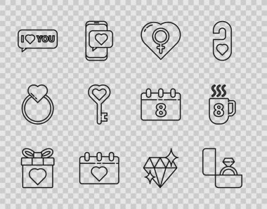 Hediye kutusu ve kalp, elmas nişan yüzüğü, kadın cinsiyeti, 8 Mart tarihli takvim, konuşma balonu seni seviyorum, anahtar şekilli ve kahve fincanı ikonu. Vektör