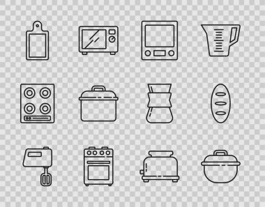 Elektrik karıştırıcı, pişirme kabı, elektronik teraziler, fırın, kesme tahtası, ekmek kızartma makinesi ve ekmek ikonu. Vektör