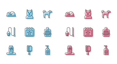 Kedi tırmalama direği, köpek ve kedi için saç fırçası, evcil hayvan yatağı, şampuan, takvim tımarı, çanta, oyuncak ve ikon. Vektör