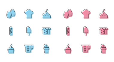 Sabit çizgi pasta, ölçü kabı, Paskalya yumurtası, dondurma, ekmek tostu, Fransız ekmeği ve şef şapkası ikonu. Vektör