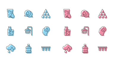 Bulut 'u yağmurla doldurun, büyük şişe temiz su, cam, su filtresi, duş, damla, bir şişe cam ve ikon. Vektör