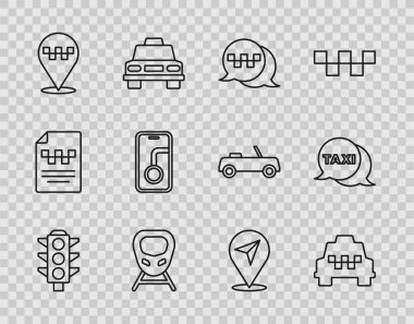 Hat lambası, taksi arabası, telefon servisi, yüksek hızlı tren, taksisi olan konum, şehir haritası navigasyonu ve ikonu ayarlayın. Vektör