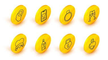 Aşk iksiri dolu bir şişe, kalp şeklinde bir Castle şampanya şişesi, kalp, cam şampanya, alyans, online flört uygulaması, sohbet ve kafa ikonu. Vektör