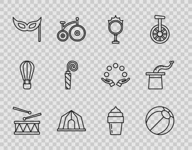 Davul bagetleri, plaj topu, sirk ateşi çemberi, çadır, festival maskesi, doğum günü partisi kornası, dondurma ve sihirbaz şapkası ikonu. Vektör