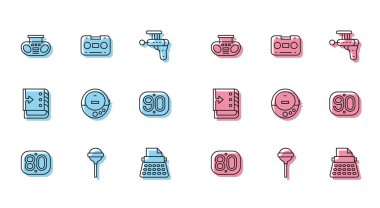 Satır 80 'ler Retro, Lollipop, iki hoparlörlü ev teybi, daktilo, müzik CD çalar, 90' lar, ses karıştırıcı denetleyici ve ses kaset ikonu. Vektör
