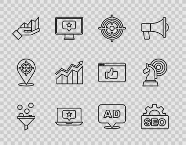 Satır Yönetimi, SEO optimizasyonu, Hedef, Yıldız Bilgisayarı, Pasta grafiği bilgileri, Finansal büyüme artışı, Reklam ve Satranç simgesi. Vektör