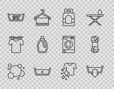Sabun köpükleri, çamaşır yıkama modları, çamaşır deterjanı, temizlik malzemesi şişesi, kurutma giysileri ve iplik ikonu. Vektör