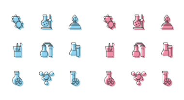 Test tüpünü zehirli sıvıyla, molekülle, laboratuvar cam eşyasıyla ve matarayla aynı hizaya getirin. Vektör