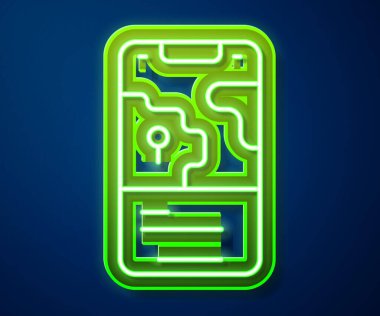 Şehrin harita yön bulma simgesinin parlayan neon hattı Infographic mavi arkaplanda izole edildi. Mobil Uygulama Arayüzü tasarımı. Coğrafi konsept. Vektör.