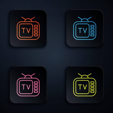 Renkli neon hattı Retro TV simgesi siyah arkaplanda izole edildi. Televizyon tabelası. Kare düğmelere simgeleri yerleştir. Vektör.