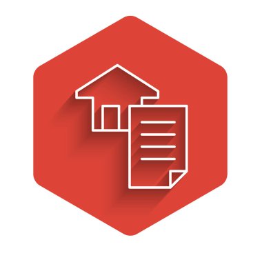 White line House contract icon isolated with long shadow background. Contract creation service, document formation, application form composition. Red hexagon button. Vector