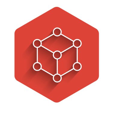 Beyaz çizgi Molekül simgesi uzun gölge arkaplanı ile izole edildi. Kimya moleküllerinin yapısı, fen öğretmenlerinin yenilikçi eğitim posteri. Kırmızı altıgen düğmesi. Vektör