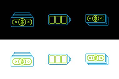 Hat Stacks kağıt para nakit, ve pil şarj seviye gösterge simgesi ayarlayın. Vektör