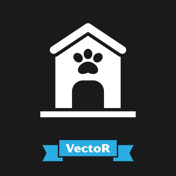 White Dog Haus Und Pfotendruck Haustier Symbol Isoliert Auf Schwarzem — Stockvektor