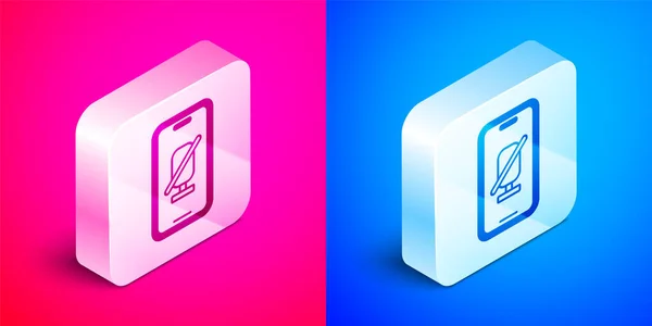 Isometric Mute Microphone Mobile Phone Icon Isolated Pink Blue Background — Stock Vector