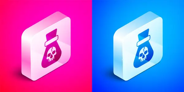 Isometric Pirate Coin Icon Isolated Pink Blue Background Silver Square — Stock Vector